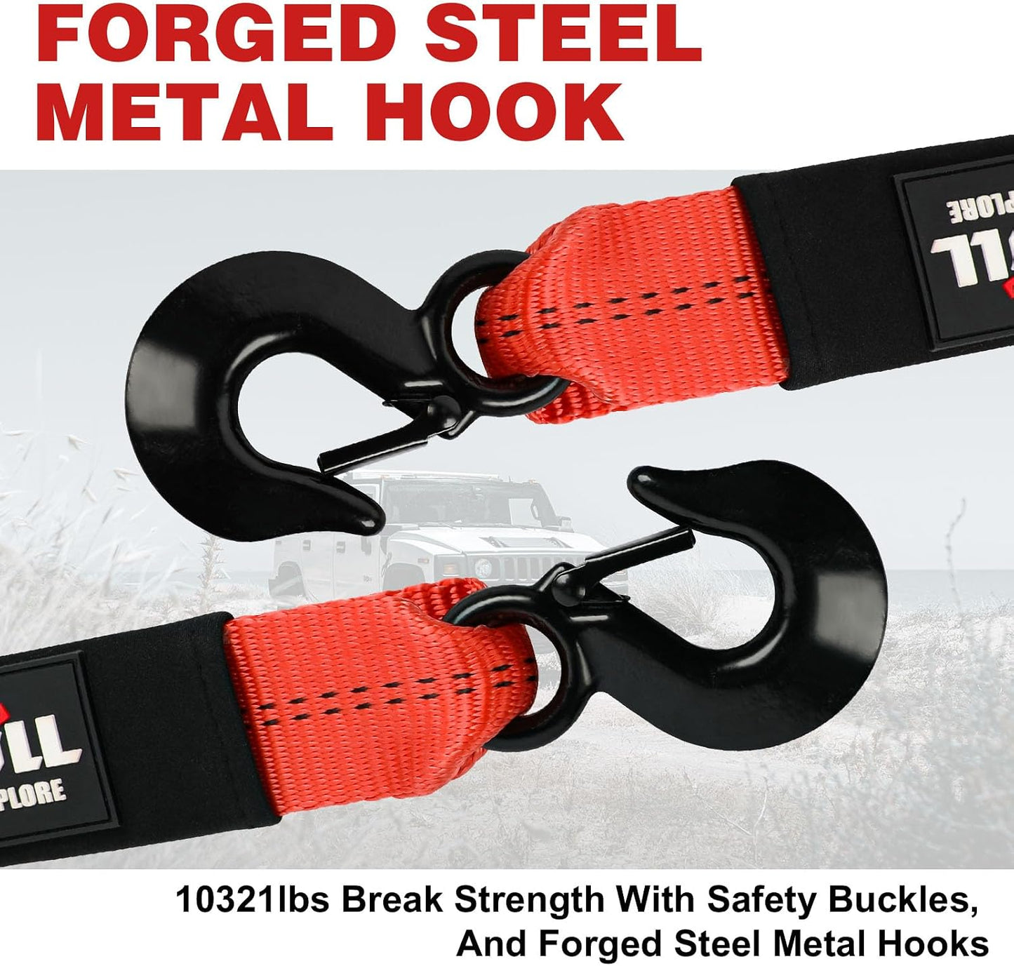 X-BULL Tow Strap (2 in x 20 Ft) with Forged Steel Hooks Lab Tested 10,321lbs Break Strength Emergency Heavy Duty Capacity Tow Strap for Car Truck Jeep SUV Not for Off-Road Recoveries（Red）