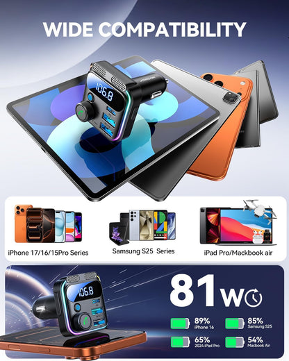JOYROOM 81W Bluetooth 6.0 Car Adapter Wireless FM Radio Transmitter | [PD45W & QC36W] Fast Charge, Dual Mics for Clear Call, HiFi Deep Bass, LED Light, Support USB Drive, Ideal for Road Trips