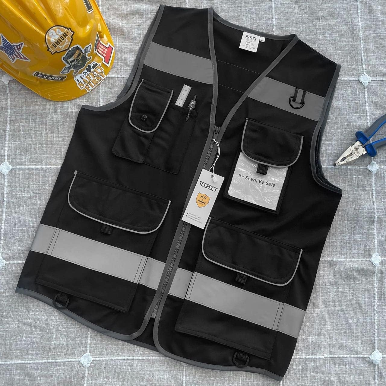 TCCFCCT Safety Vest for Men Women 9 Pockets High Visibility Vest for Safety, Reflective Work Vest with Reflective Strips, Meets ANSI/ISEA Standards, (Yellow, Large)