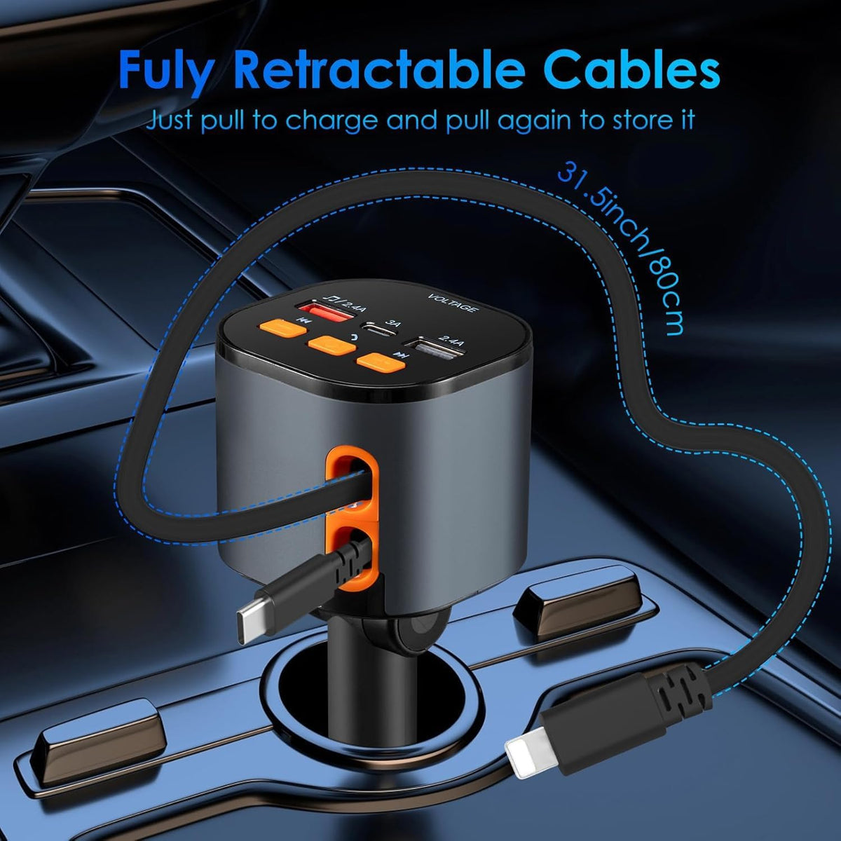 Retractable Car Charger,5 in 1 Fast Cars Phone Charger 90W,Bluetooth 5.3 FM Transmitter Adapter,Handsfree Call,2 Retractable Cables and USB Chargers for iPhone17/16 15/14/13