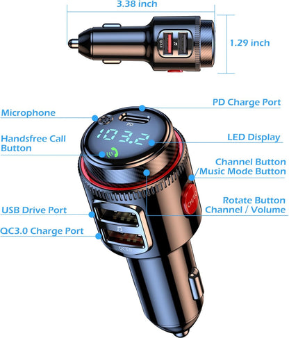 LIHAN Bluetooth 5.4 Car FM Transmitter,Wireless Radio Adapter with 48W(PD 30W USB-C & QC3.0) Fast Charging,Hands-Free Calls,HiFi Deep Bass,Siri/Google Assistant,Music Player for Cars/Trucks/Vans