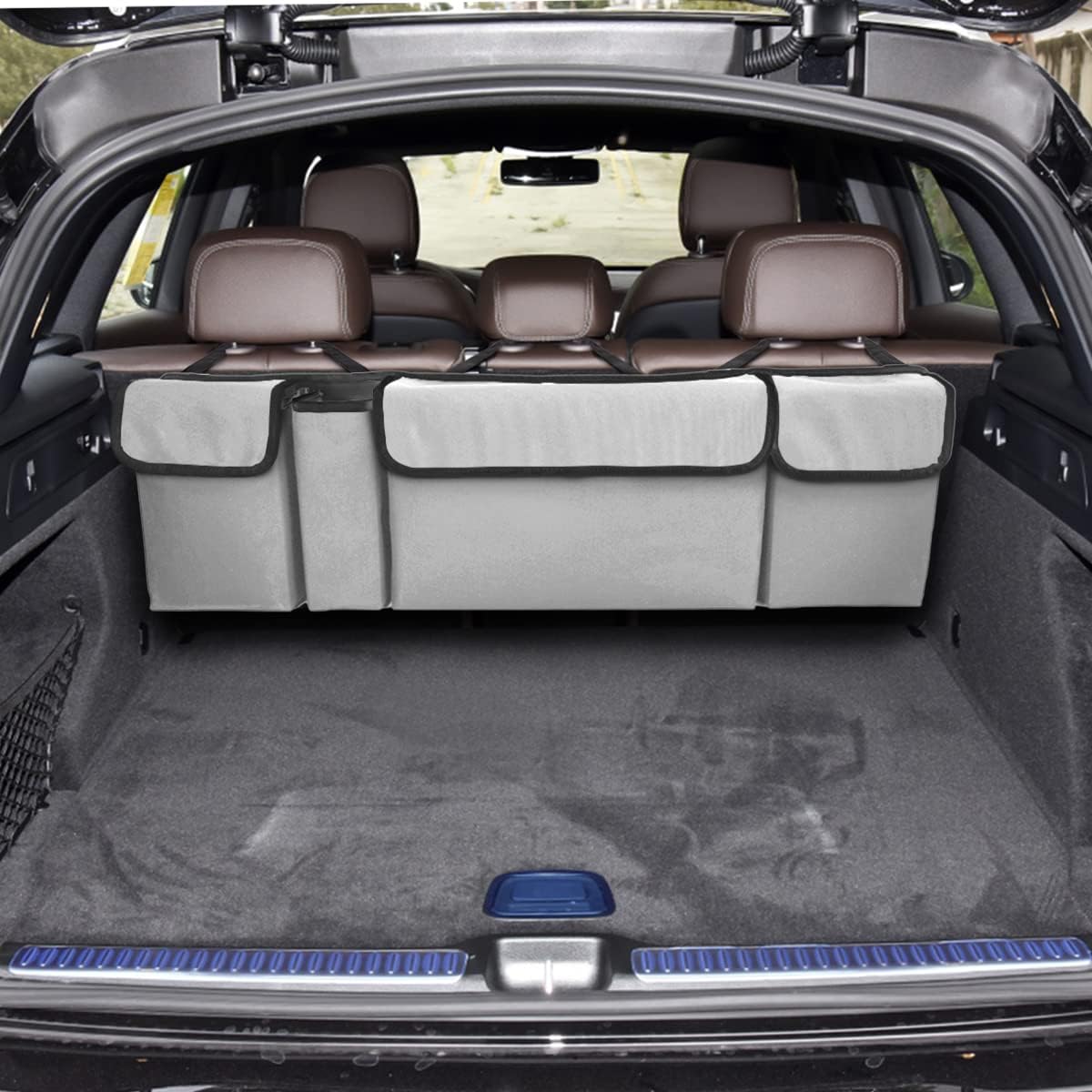 AUCELI Car Trunk Organizer, Backseat Hanging Large Storage with Adjustable Straps, Waterproof Collapsible Cargo Bag with 4 Pockets, Sturdy Space Saver Frees Trunk Floor for SUV, Truck, MPV
