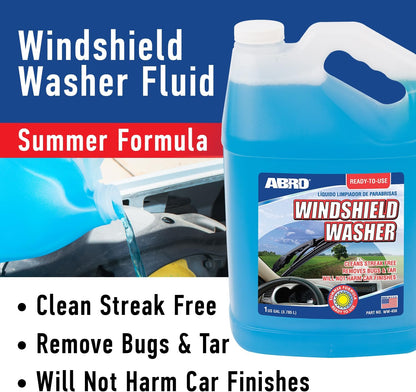 ABRO Windshield Washer Fluid Ready to Use Formula - 1 Gallon, Pre-Mixed, Streak-Free Cleanliness, 2-In-1 Removes Bugs & Tar