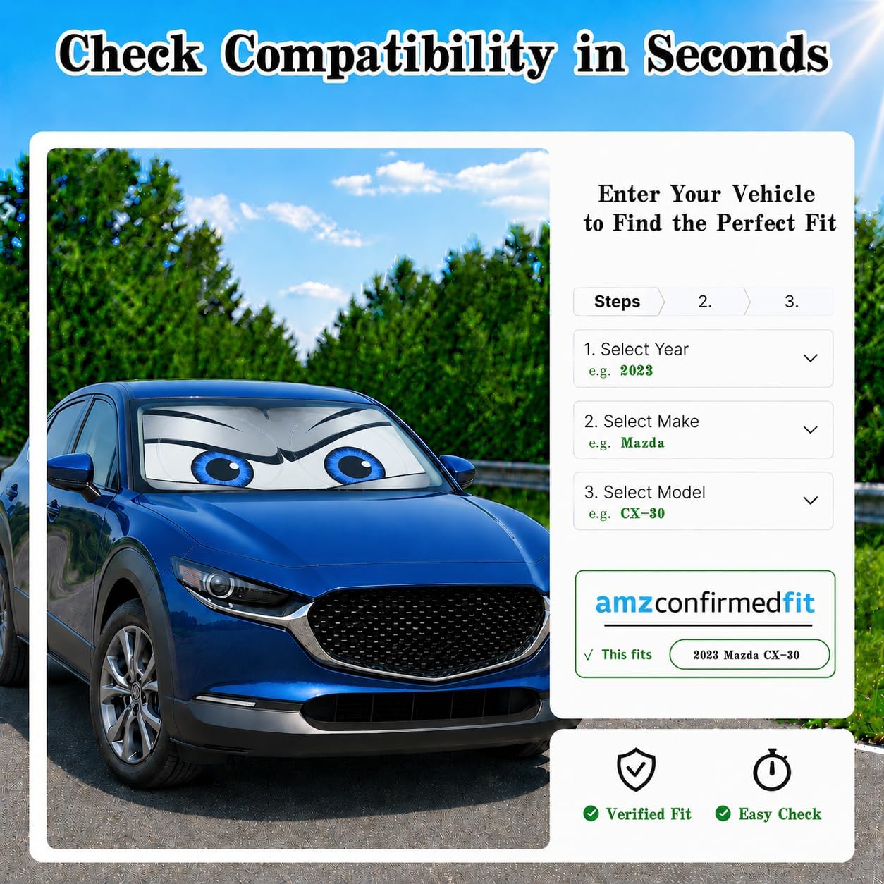 Car Windshield Sun Shade, Funny Cartoon Eyes Sun Visor for Car Windshield Universal Fits Sedan Compact Car Hatchback SUV, UV Heat Protection - 59 x 27.5