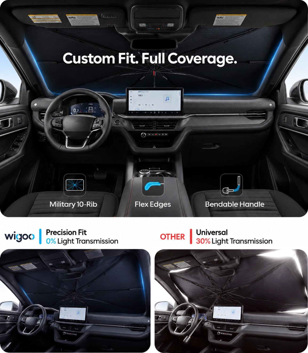 Wigoo Windshield Sun Shade Umbrella for Tesla Model Y [100% Sun Blockage, Ice Cooling Fabric] Foldable Heat Insulation Front Window Sunshade Umbrella for Tesla Model Y 2020–2026 (Juniper)