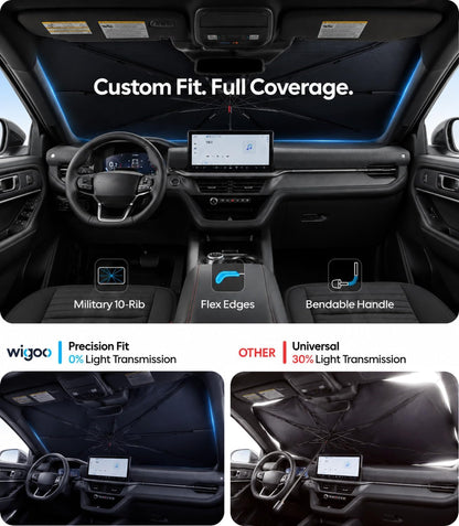 Wigoo Windshield Sun Shade Umbrella for Tesla Model Y [100% Sun Blockage, Ice Cooling Fabric] Foldable Heat Insulation Front Window Sunshade Umbrella for Tesla Model Y 2020–2026 (Juniper)