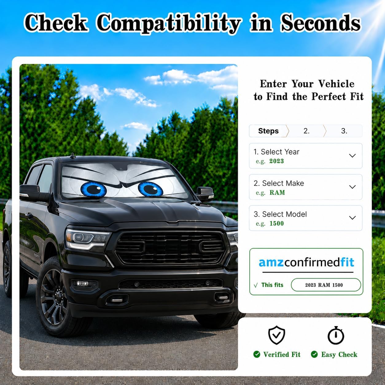 Car Windshield Sun Shade, Funny Cartoon Eyes Sun Visor for Car Windshield Universal Fits Sedan Compact Car Hatchback SUV, UV Heat Protection - 59 x 27.5