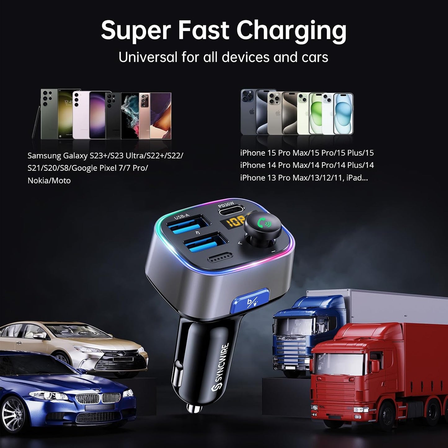 Syncwire Bluetooth 5.4 FM Transmitter Car Adapter 48W (PD 36W & 12W) [Light Switch] [HiFi Bass Sound] [Fast Charging] Wireless Radio Music Adapter LED Display Hands-Free Calling Support USB Drive