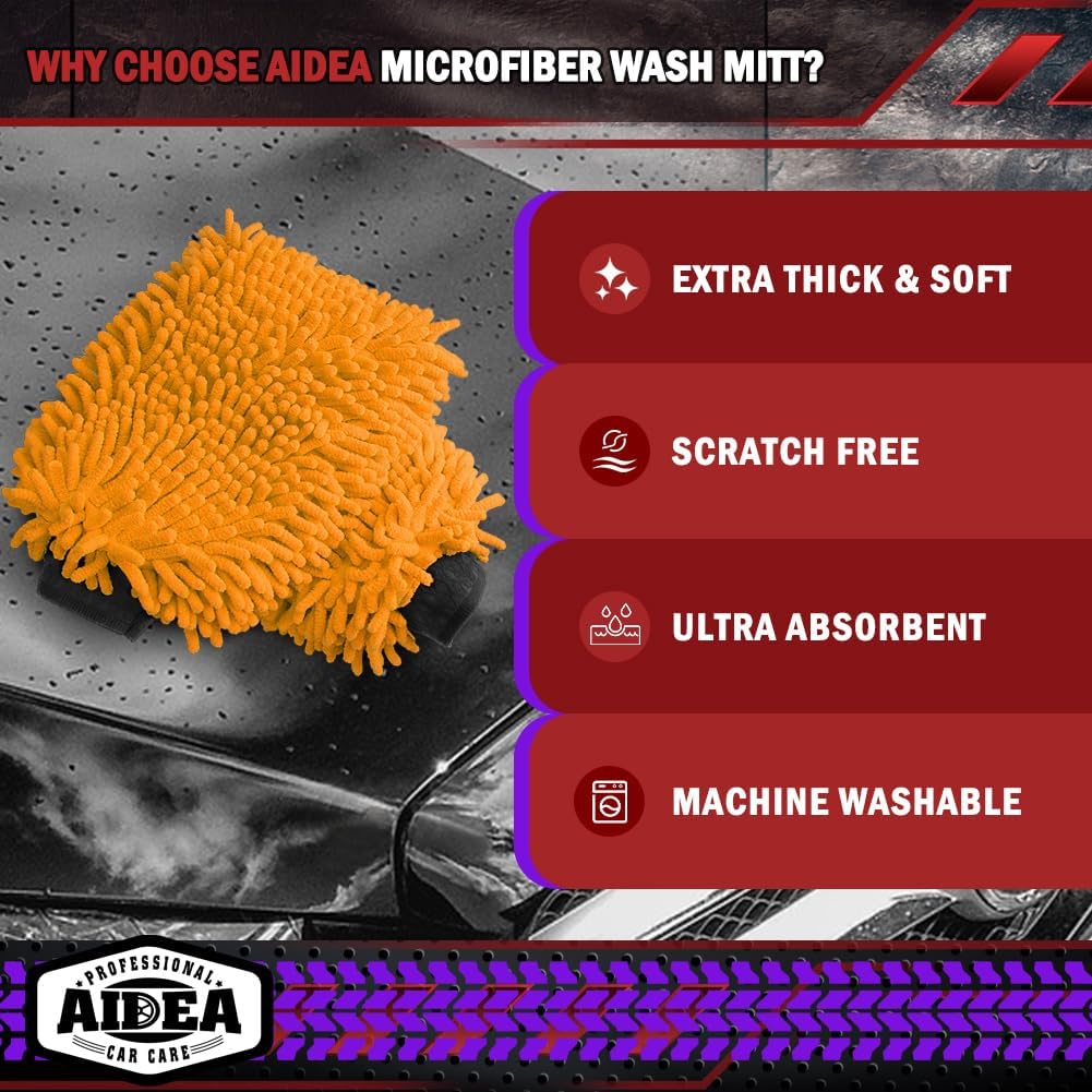AIDEA Car Wash Mitt Microfiber, 1PK-Scratch-Free& Lint-Free, Premium Chenille Microfiber Mitt Car Wash Brush-Green Regular Size (7.12''X10.14'')