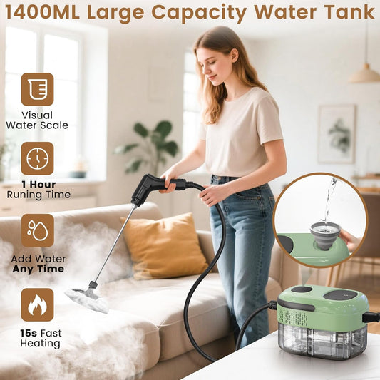 Pressurized Steam Cleaner, 3-Level Adjustable Handheld Steamer Cleaning for Home, 15s Fast Heat-Up & 47.3oz Tank, 2500W Multi-Surface Portable Steamer for Floor/Grout/Car/Kitchen & Bathroom