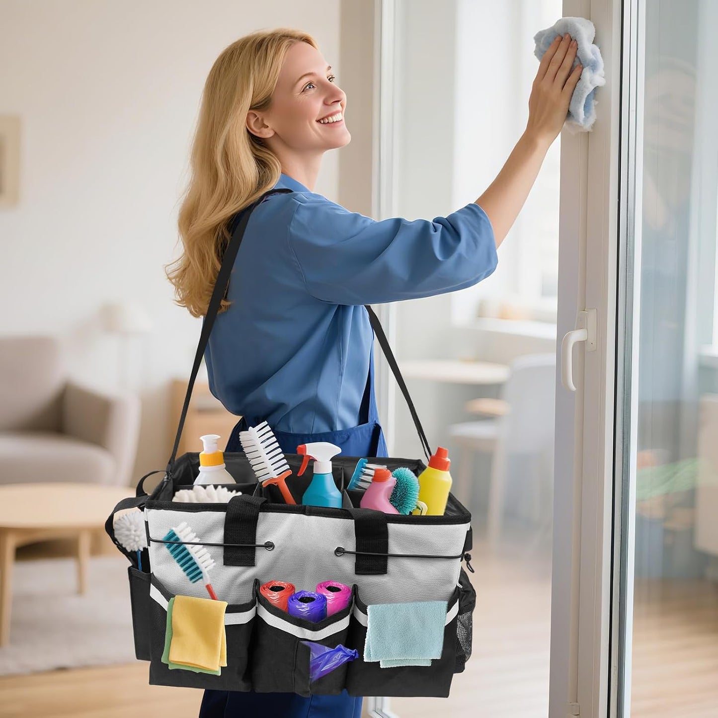 ZKOO Cleaning Bag Cleaning Caddy Organizer, Wearable Cleaning Caddy with Waist & Handles for Cleaning Tool Organizers, Extra-Large Cleaning Caddy Bag Adjustable Compartments for Housekeeping,Gardening