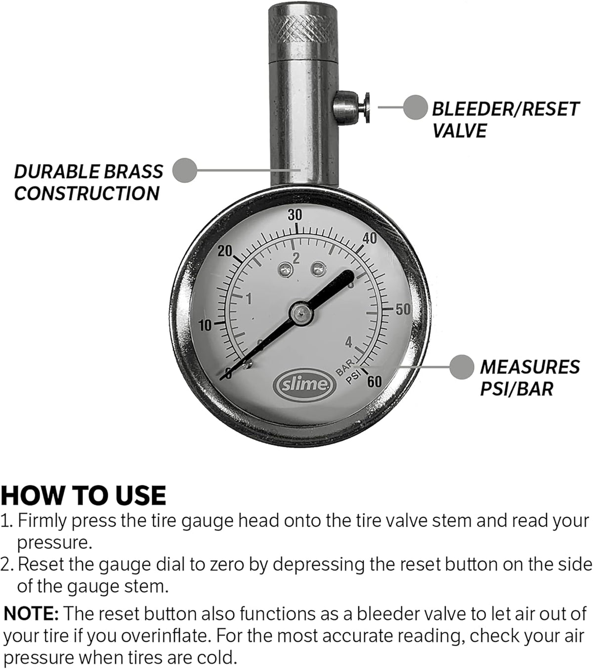 Slime 20049 Tire Pressure Gauge, Large Face Dial Analogue Gauge, 5-60 PSI