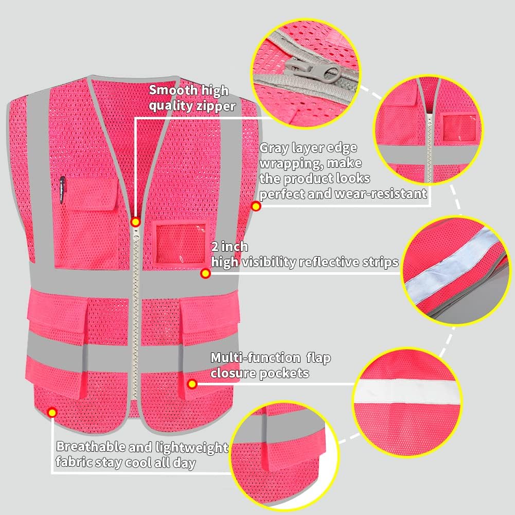 HYCOPROT High Visibility Mesh Safety Reflective Vest with Pockets and Zipper, Meets ANSI/ISEA Standards