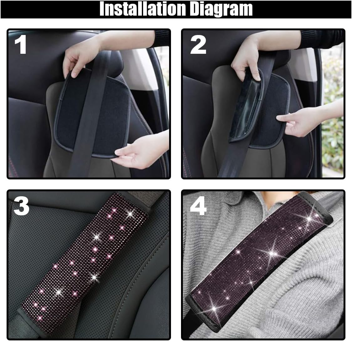 GLSOWEE 2PCS Bling Car Seat Belt Shoulder Pads, Bling Rhinestones Seat Belt Covers for Women, Car Seatbelt Strap Pad with Crystal Diamond, Car Interior Accessories for Car SUV (Black Diamond)