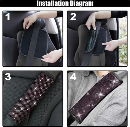 GLSOWEE 2PCS Bling Car Seat Belt Shoulder Pads, Bling Rhinestones Seat Belt Covers for Women, Car Seatbelt Strap Pad with Crystal Diamond, Car Interior Accessories for Car SUV (Black Diamond)