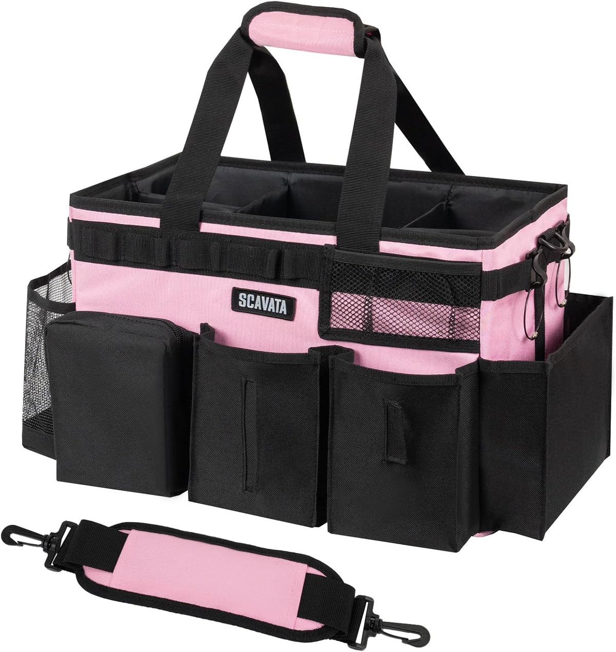 SCAVATA Wearable Cleaning Caddy Bag, Supplies Organizer with Handle & Shoulder Straps for Housekeepers, Under Sink & Car Cleaning Tool Organizer with 4 Foldable Dividers (Black)