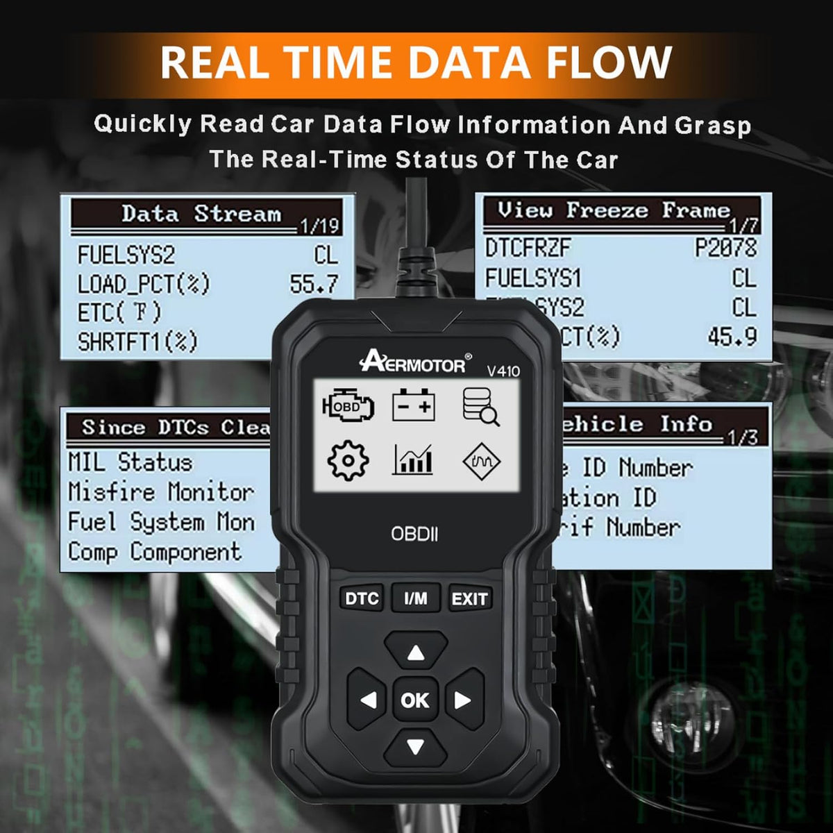 OBD2 Scanner, V410 Car Scanner Diagnostic Tool: Engine Fault Code Reader Scan Tool with Live Data/Freeze Frame for All OBDII Cars After 1996,Black