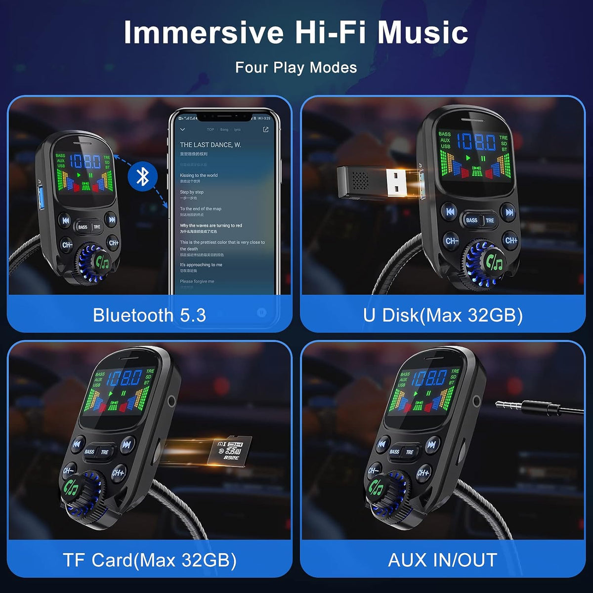 Bluetooth 5.3 FM Transmitter for Car SOARUN Bluetooth Car Adapter PD30W & USB Port Fast Charge, HiFi Treble & Bass Player, 1.6" Display Hands-Free Calling Truck Radio with AUX Input/Output, TF Card