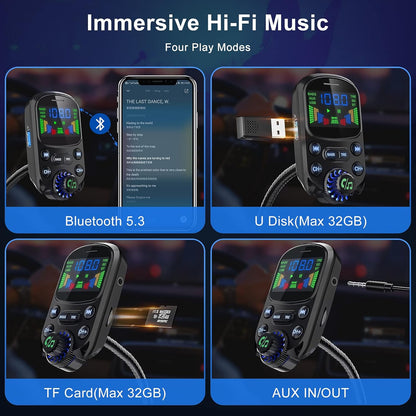 Bluetooth 5.3 FM Transmitter for Car SOARUN Bluetooth Car Adapter PD30W & USB Port Fast Charge, HiFi Treble & Bass Player, 1.6" Display Hands-Free Calling Truck Radio with AUX Input/Output, TF Card
