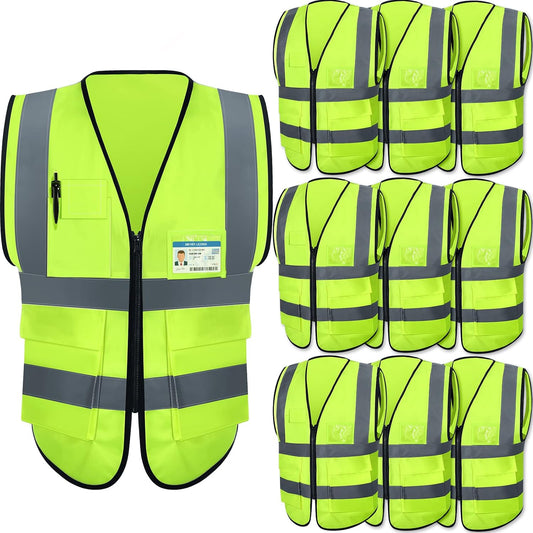 10 Pcs Reflective Safety Vest with Pockets and Zipper High Visibility Vest for Women Men Work, Construction, Cycling