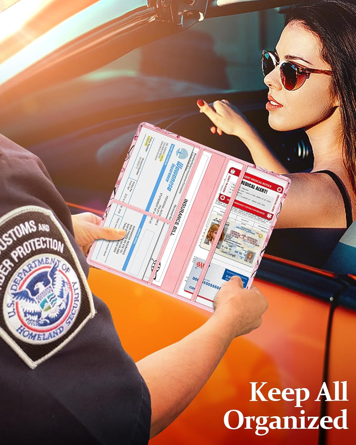 Slohif Car Registration and Insurance Card Holder with Magnetic Shut - Vehicle Glove Box Organizer Women Leather Automobile License Holders Coasters Auto Accessories Case for Document,Strawberry