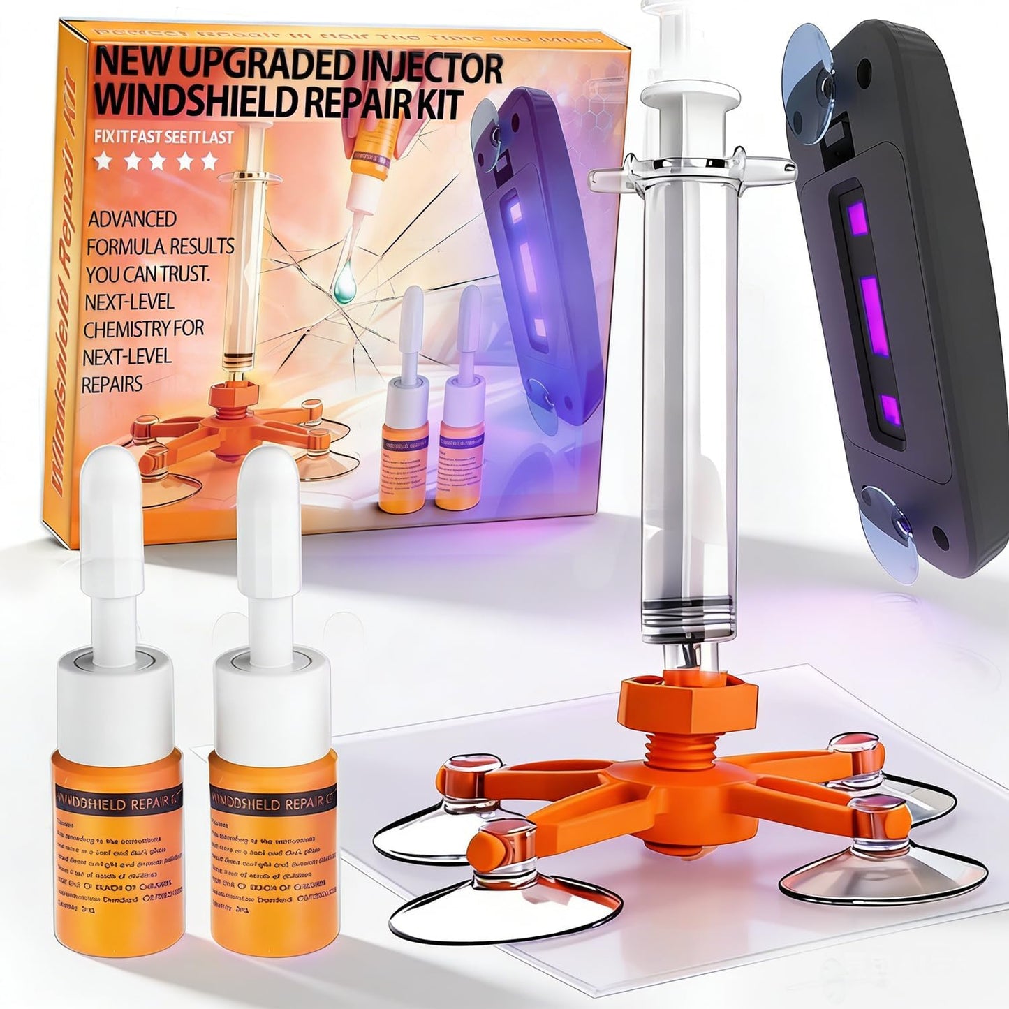 Windshield Repair Kit, Windshield Crack Repair Kit with Suction Cup Curing Light, 2 Pcs Car Glass Repair Kit Quick Fix for Chips & Cracks, Windshield Chip Repair Kit, Automotive Nano Fluid（Orange）