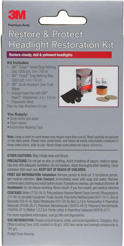 3M Auto Restore and Protect Headlight Restoration Kit, Use On Plastic Lenses, Headlights, Taillight, Fog Lights and More, Includes Sanding Discs, Headlight Clear Coat Wipes, Foam Pad and Glove (39194)
