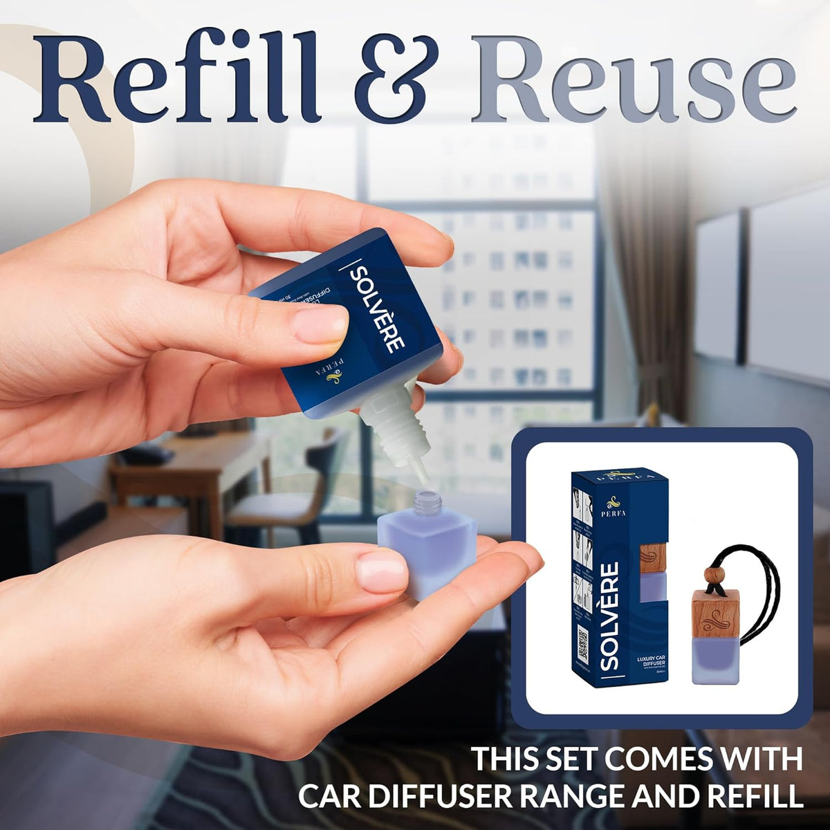Solvère Car Air Freshener for Men | Perfume Style Freshener with Solvère Fragrance | Strong Freshener with Odour Eliminating Technology with Vent Clip | Car Air Freshener by Perfa