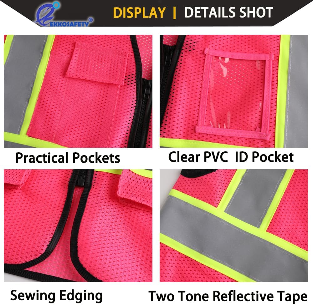 Reflective Mesh Safety Vest for Men Women with 5 Pockets and Zipper Front High Visibility Mesh Vest Hi Vis Construction Work Vest,Meets ANSI/ISEA Standards(EK175-Yellow-L)