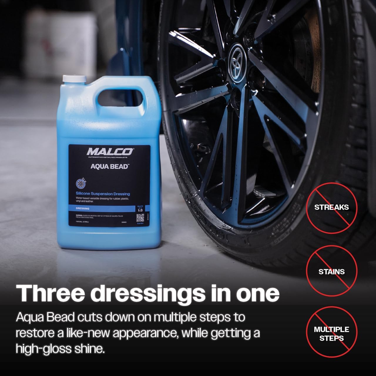 Malco Aqua Bead Water Based Dressing - Non-Greasy Interior and Exterior Dressing/Shines Car Tires, Rubber, Plastic and Trim/Concentrated Formula, Dilutable for Variable Gloss / 1 Gallon (129601)
