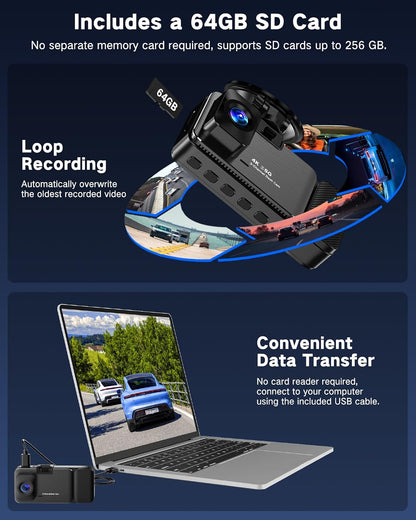 WECOOL 4K UHD 3 Channel Dash Cam Front and Rear Inside, Free 64GB Card Included, 360° Wide-Angle Full-View Dash Camera for Cars with Night Vision, 24H Parking Mode, G-Sensor, Loop Recording, 5GHz WiFi