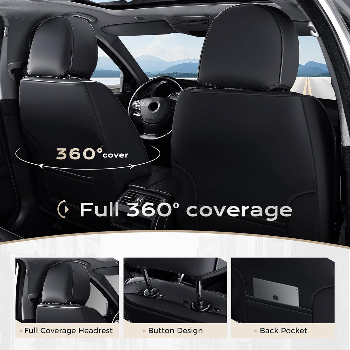 Coverado Seat Covers Full Set, Black Seat Covers for Cars 5 Seats, Car Seat Protector, Waterproof Nappa Leather Car Seat Cushion, Front and Rear Car Seat Cover Fit for Most Sedans SUV Pick-up Truck - Colors B
