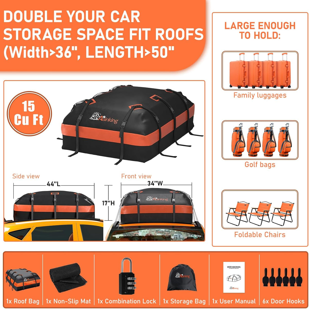 Asinking Car Rooftop Cargo Carrier Bag 21 Cubic feet Waterproof Car Roof Top Bag for All Cars with/Without Rack, Includes Anti-Slip Mat, 10 Reinforced Straps, 6 Door Hooks, Luggage Lock