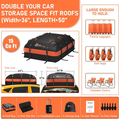 Asinking Car Rooftop Cargo Carrier Bag 21 Cubic feet Waterproof Car Roof Top Bag for All Cars with/Without Rack, Includes Anti-Slip Mat, 10 Reinforced Straps, 6 Door Hooks, Luggage Lock