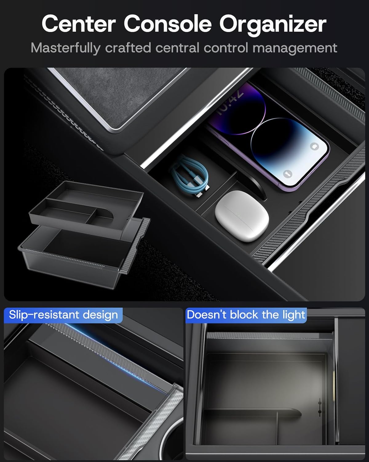Center Console Organizer Tray for Tesla Model Y Juniper 2026 2025 (Premium & Performance), 8PCS - PC Material & Silent Silicone Armrest Storage Box Bottom Liners Wireless Charging Pad Cup Holder