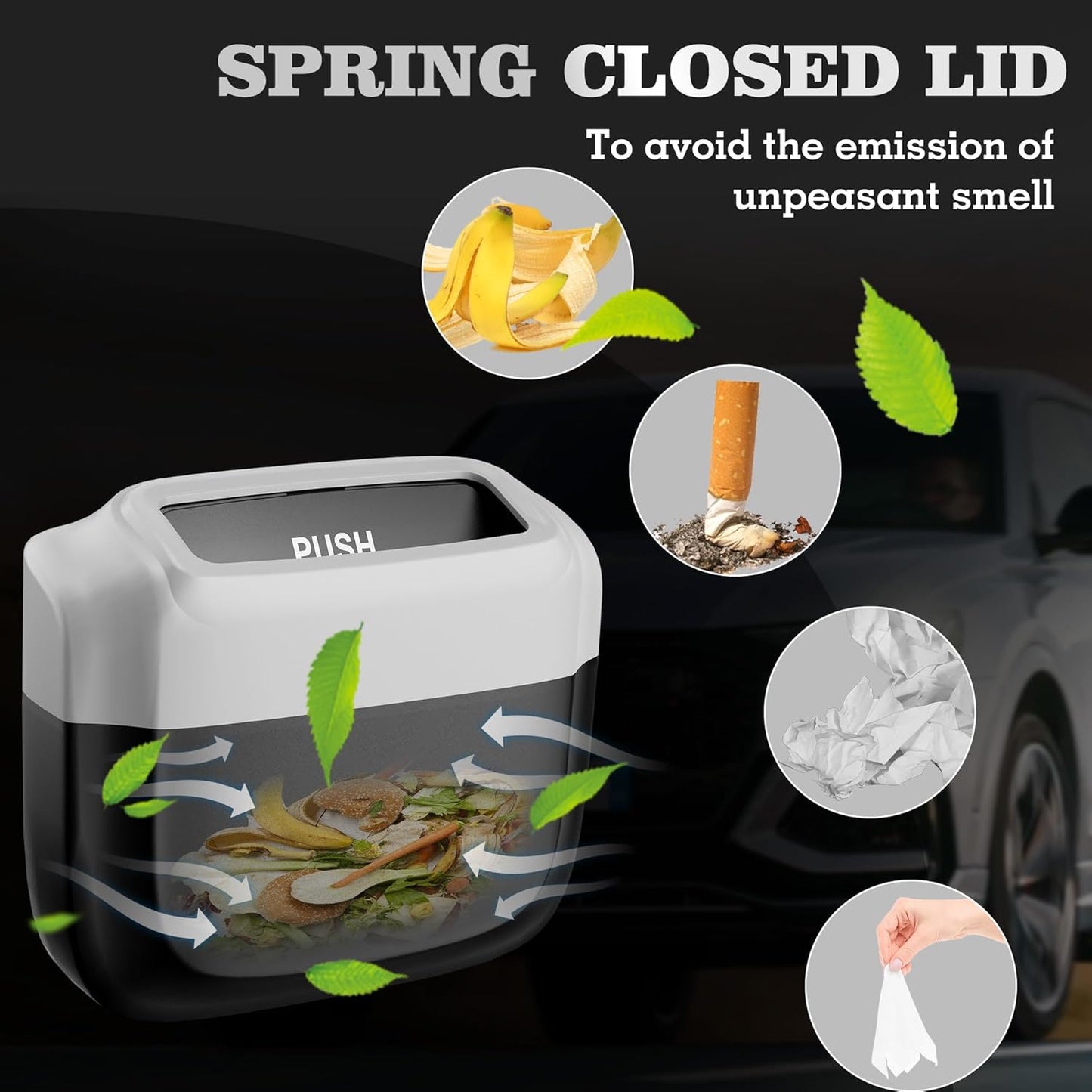 2 Packs Car Trash Can with Lid，Built-in Storage Garbage Bag，Leakproof Vehicle Trash，Car Accessories for Interior,Mini Garbage Bin for Automotive, Office, Kitchen,Bedroom，with 60pcs Trash Bags