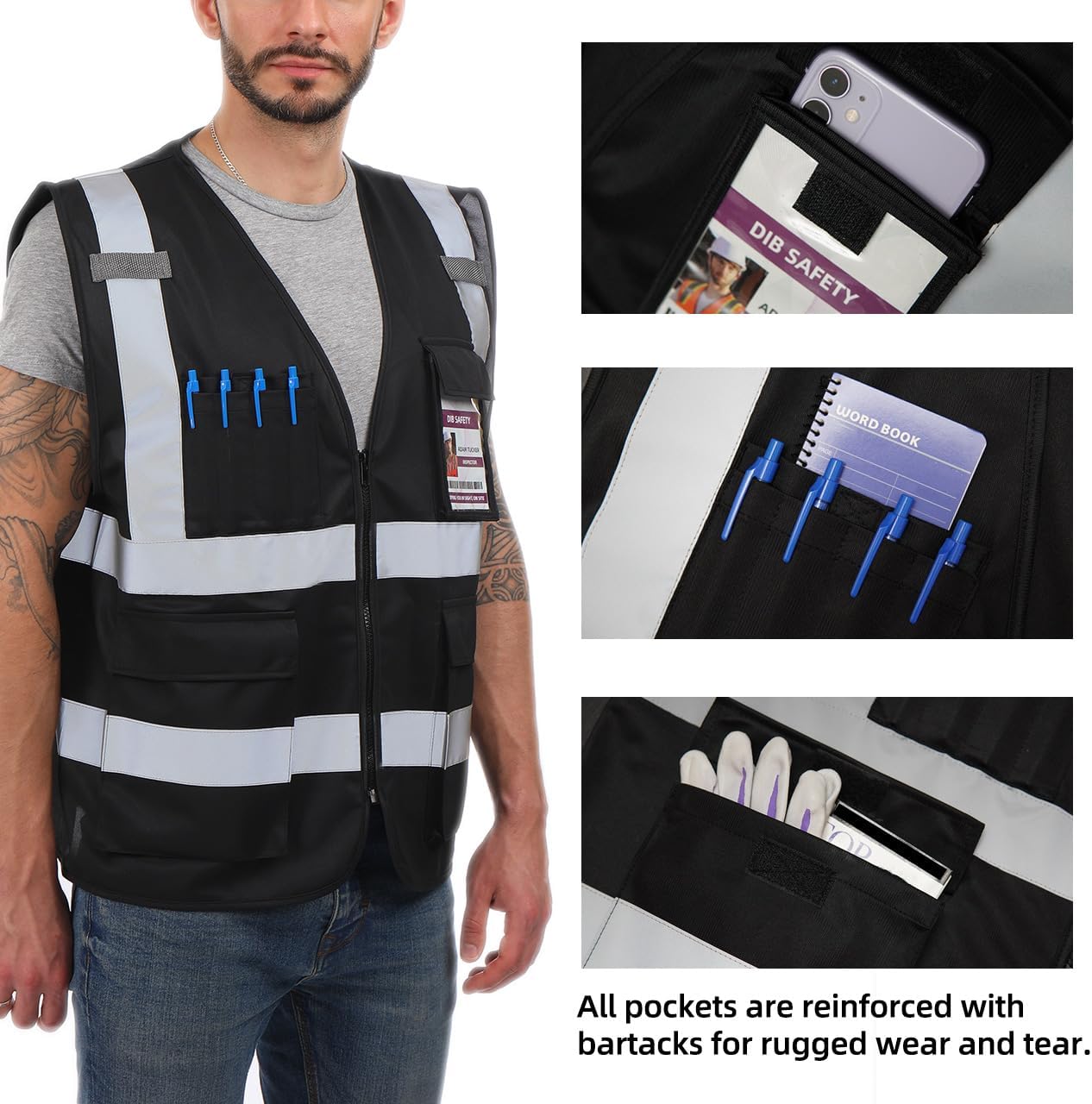 Dib Safety Reflective Safety Vest for Men Women, High Visibility Vest with Pockets and Zipper, ANSI Class 2