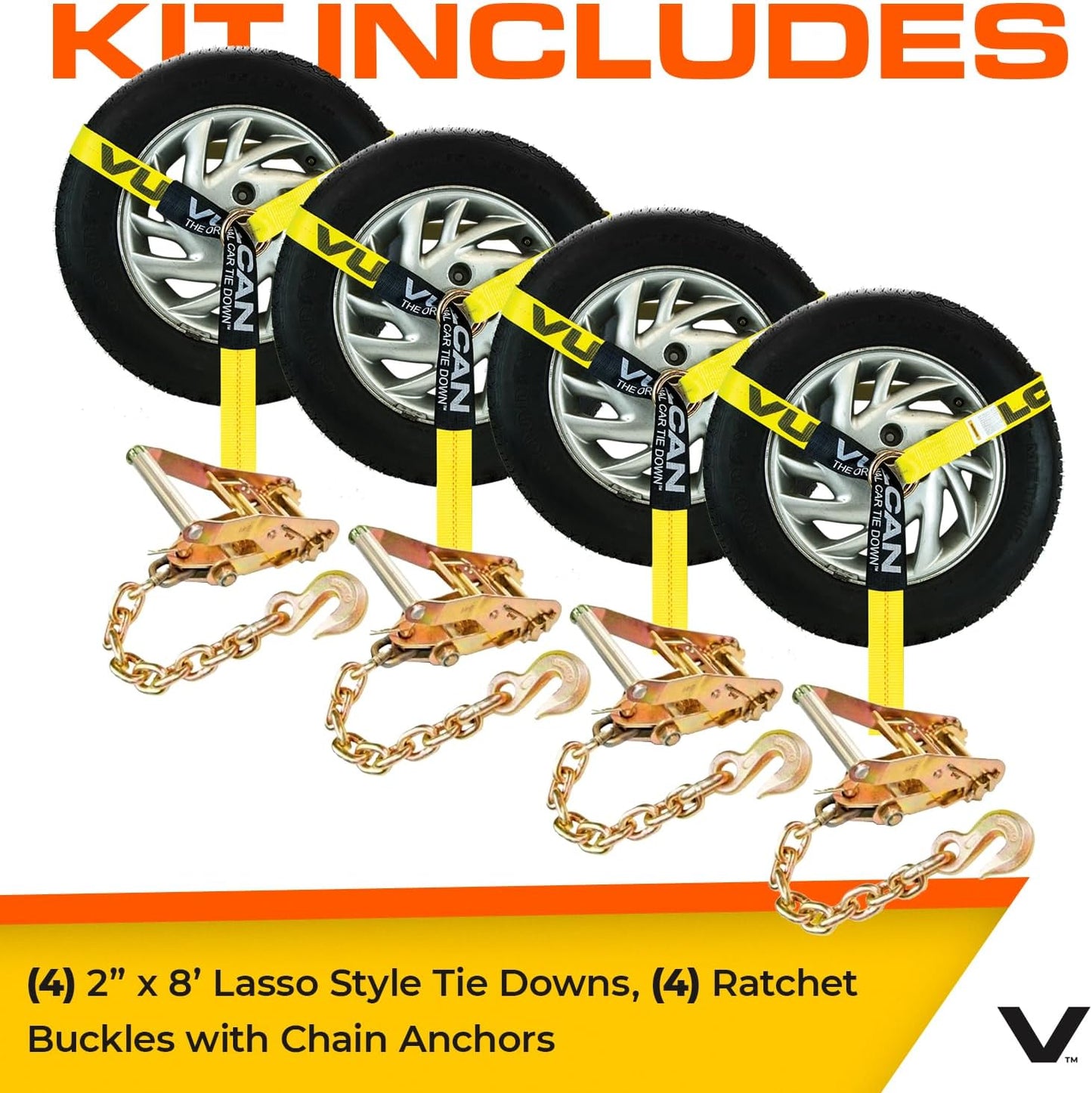 VULCAN Car Tie Down with Flat Hooks - Lasso Style - 2 Inch x 96 Inch - 4 Pack - Silver Series - 3,300 Pound Safe Working Load