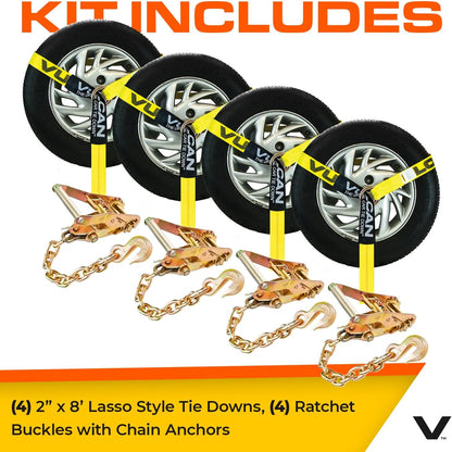 VULCAN Car Tie Down with Flat Hooks - Lasso Style - 2 Inch x 96 Inch - 4 Pack - Silver Series - 3,300 Pound Safe Working Load