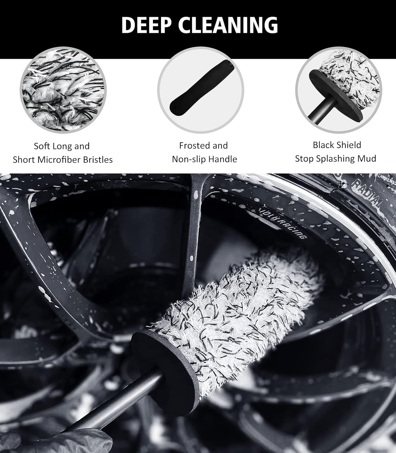 YeewayVeh 3PCS Quick Car Wheel Brush Kit, 2-Size 360° Bendale Rim Cleaner Brushes, Boars Hair Detailing Brush, Fast Scratch-Free Cleaning for Car Wheels, Motorcycle, Green