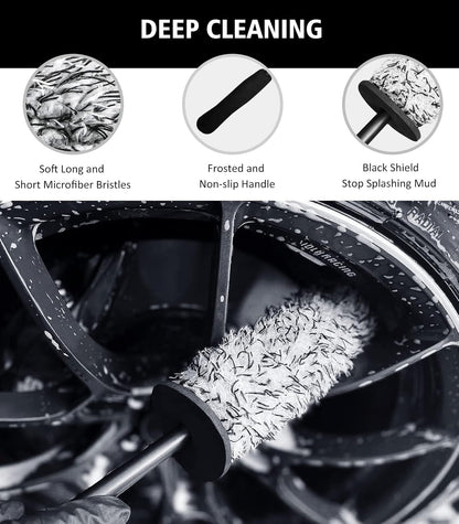 YeewayVeh 4Pack Car Wheel Cleaning Kit, Bendable Wheel Brush and Microfiber Rim Cleaner Brush, Tire Brush and Car Detailing Brush, Soft & No-Scratch Car Wheel Rim Brush Set for All Wheel Types, Red
