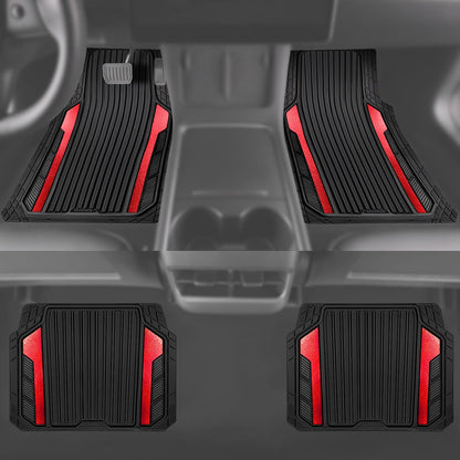 CAR PASS Heavy Duty Rubber Car Mats Metallic, Aluminum Film All Weather Floor Mats Waterproof Universal Trim to Fit Automotive SUV Sedan Van 4 Piece Anodized Deep Dish Two-Tone Sporty Black Red Chrome