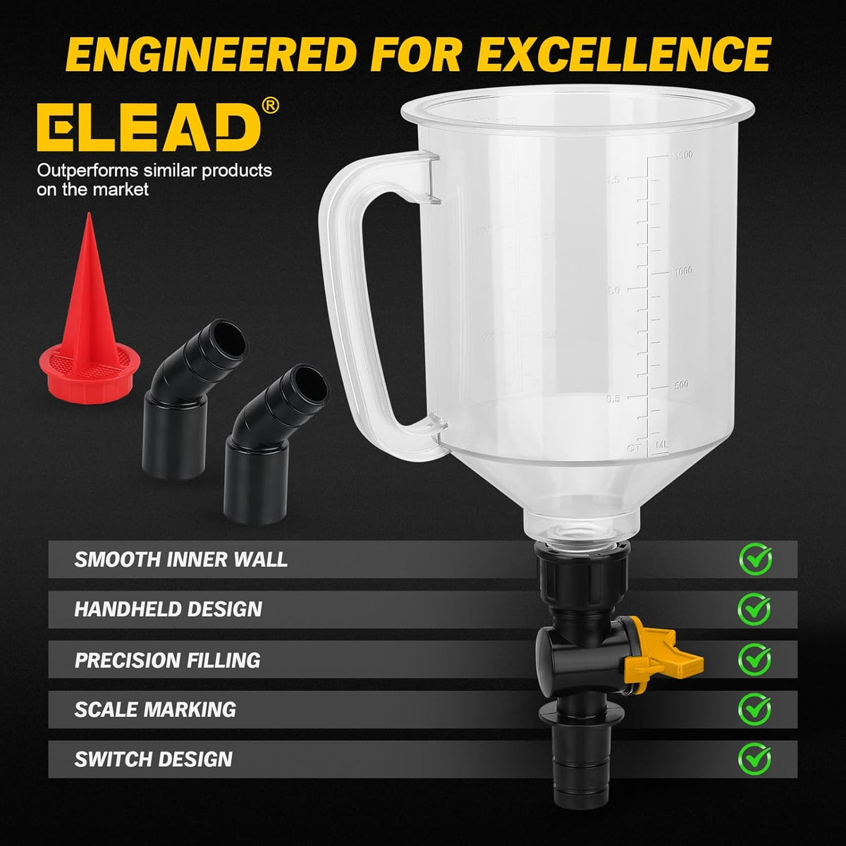 18-Piece No Spill Engine Oil Funnel Kit, 1.59QT/ 1.5L Automotive Coolant Funnel Set, 12 Adapters, Elbow Fitting, Arrow Screen & Magnetic Tray, Compatible with GM, Ford, BMW, Audi, Land Rover Etc