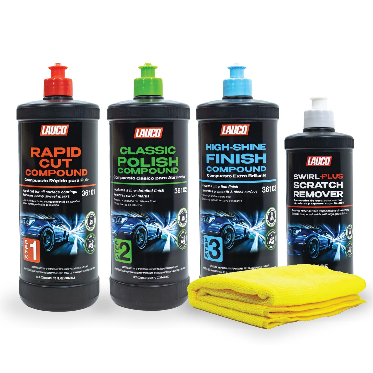 LAUCO Paint Correction Compounds Step 1, 2, 3, Swirl Remover 8oz Kits, with a Towel, Silicone-Free, Clear Coat Safe Scratch Remover, Swirl Correction & High Gloss Finishing