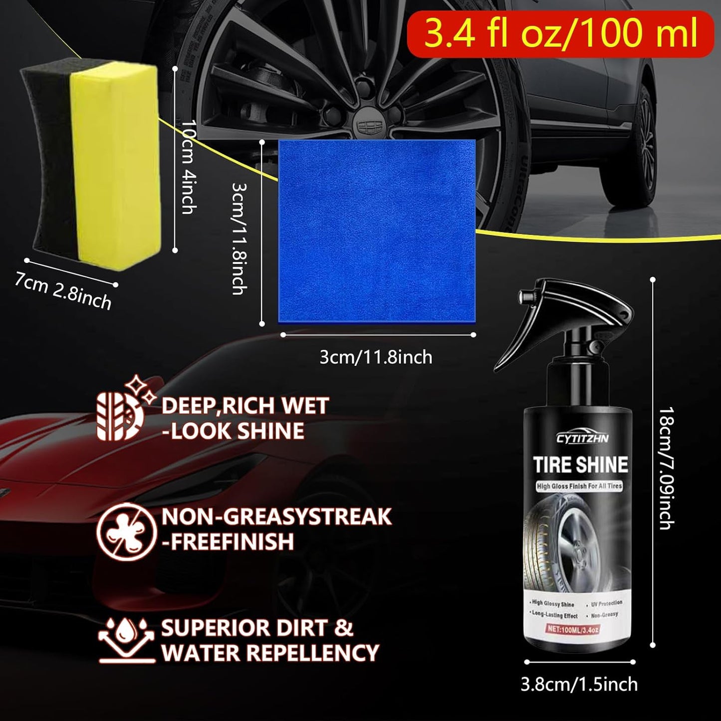 Tire Shine Spray – Deep Black, High Gloss & UV Protection – Fast-Drying, Non-Greasy, Water-Repellent for Cars, Trucks, SUVs, RVs – Includes Pad & Towel, 3.4 fl oz