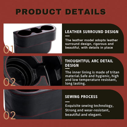 Car Cup Holder, PU Leather Auto Front Seat Organizer, Multifunctional Cup Drink Holders, Gap Filler Storage Box Coin Bucket Console Side Pocket Cell Mobile Phone Holder (Black)