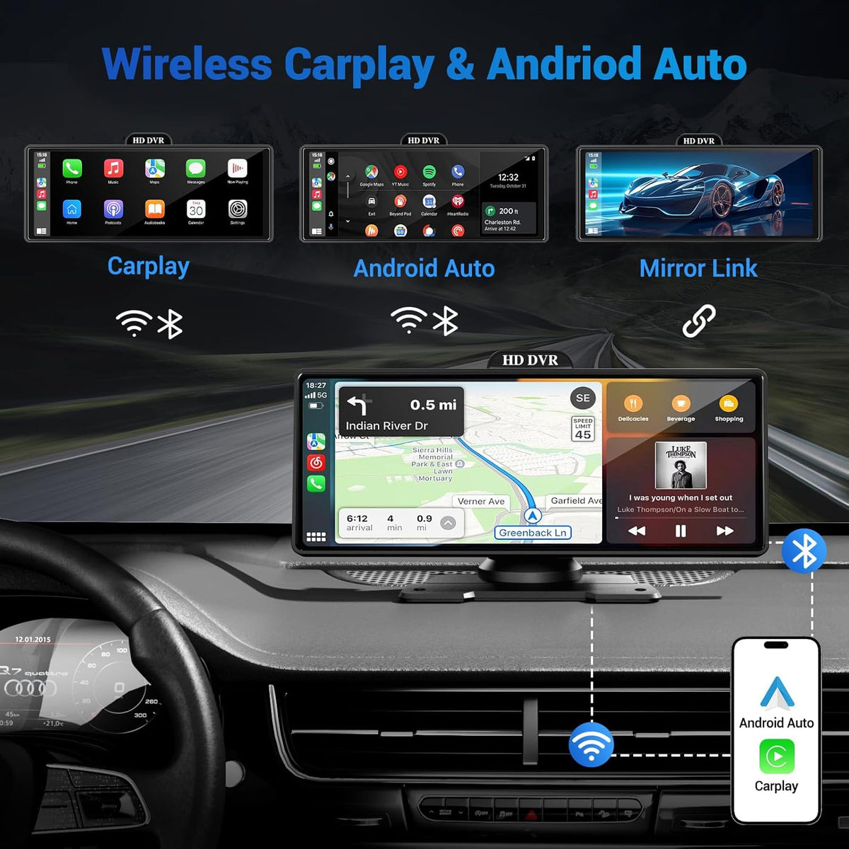 9" Wireless Apple Carplay Screen for Car, Portable Touchscreen Apple Carplay & Android Auto with OTA Update, Backup Camera,FM, Voice Control/GPS Navigation/Mirror Link/BT