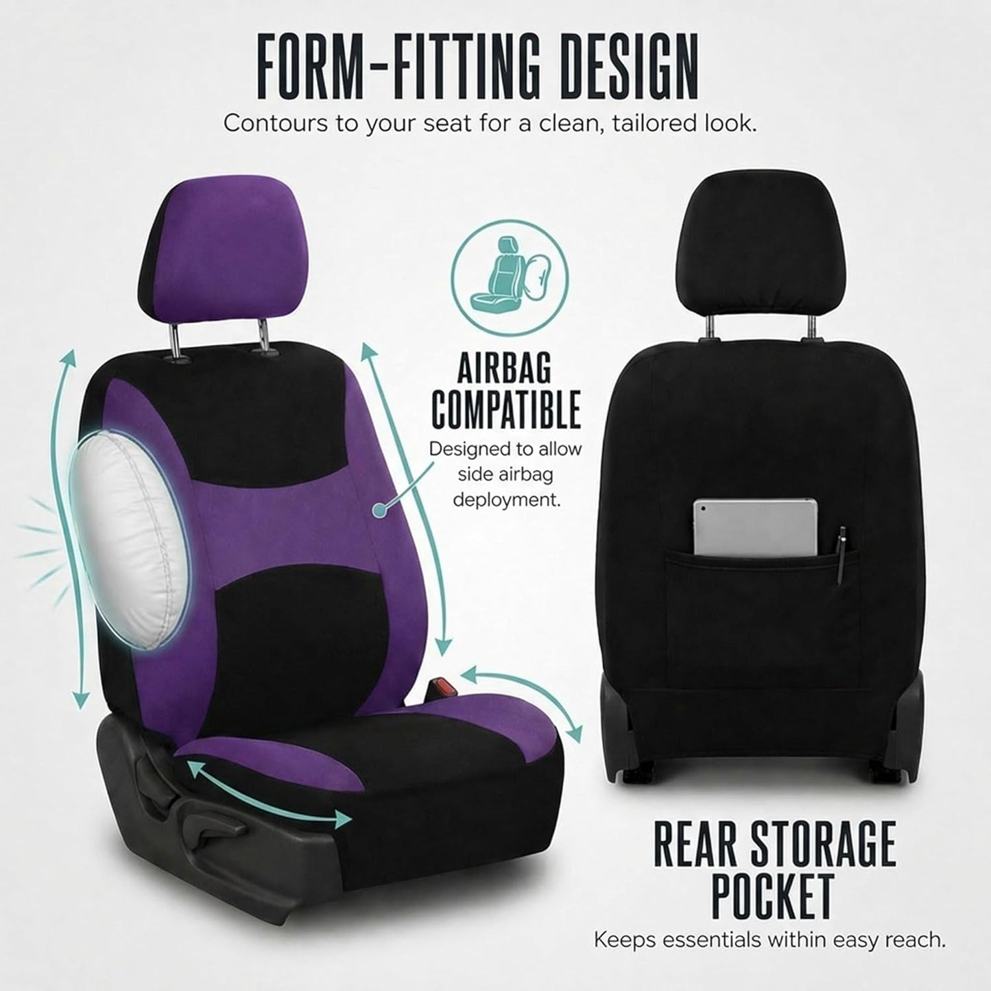 FH Group Full Set Cloth Car Seat Covers, Universal Fit Front and Split Bench Rear, Airbag Compatible, Washable for SUV, Sedan, Van - Black