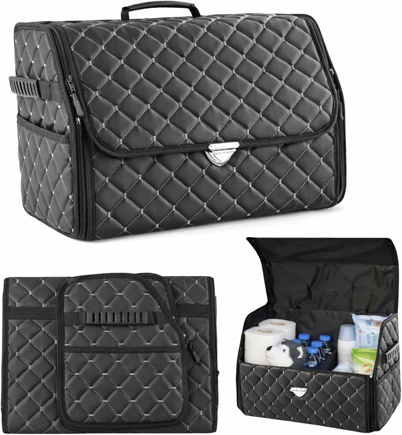 Leather Trunk Organizer with Lid for Suv and more, Foldable Car Organizer, Car Organizers and Storage with Pockets, Non-Slip Design (Black-Black)