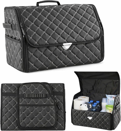 Leather Trunk Organizer with Lid for Suv and more, Foldable Car Organizer, Car Organizers and Storage with Pockets, Non-Slip Design (Black-Black)